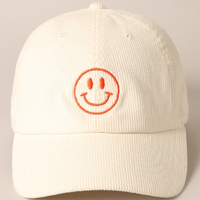 Smiley Face Embroidered Corduroy Cap
