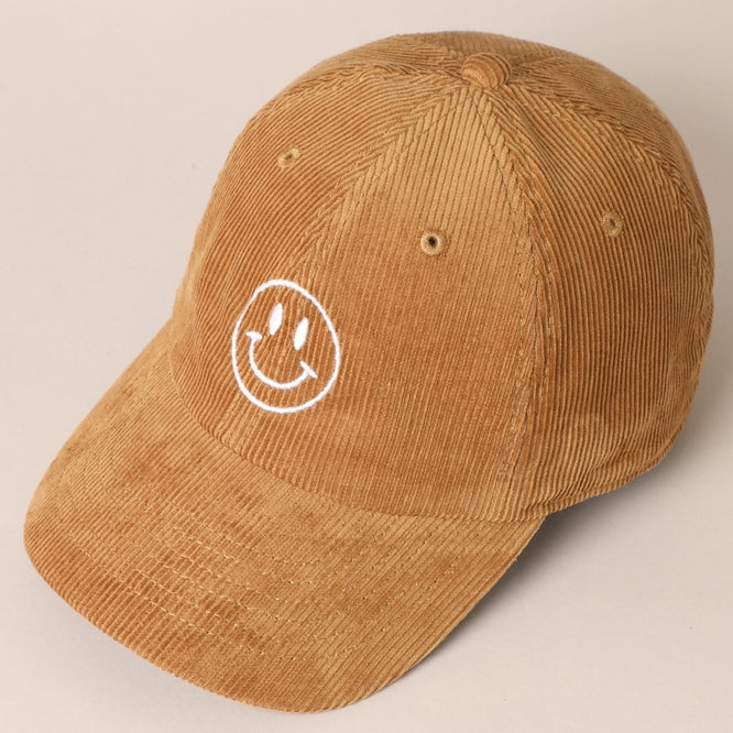 Smiley Face Embroidered Corduroy Cap