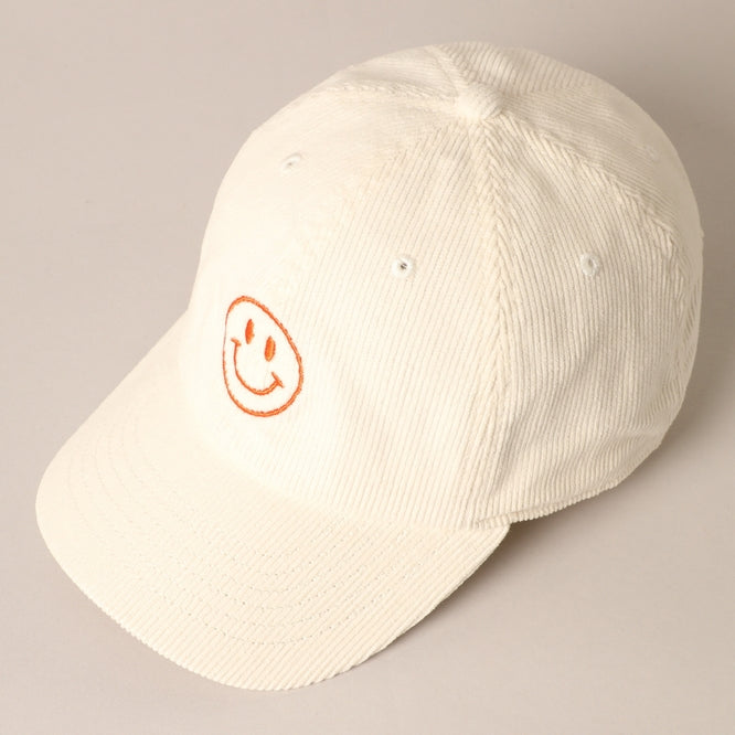 Smiley Face Embroidered Corduroy Cap
